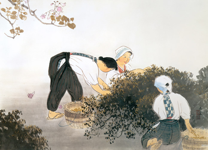 茶摘 [川合玉堂, 1951年, 川合玉堂展 描かれた日本の原風景より] パブリックドメイン画像 