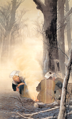 焚火 [川合玉堂, 1903年, 川合玉堂展 描かれた日本の原風景より] パブリックドメイン画像 