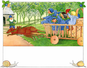 挿絵14(ネズミが引く車に乗ってブルーベリーの家に帰ってくるプッテと子供たち） [エルサ・ベスコフ, ブルーベリーもりでのプッテのぼうけんより]のサムネイル画像
