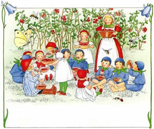 挿絵13(ハチミツコケモモを食べるプッテと子供たち） [エルサ・ベスコフ, ブルーベリーもりでのプッテのぼうけんより]のサムネイル画像
