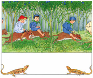 挿絵9(ネズミに乗って森を駆け抜けるプッテと子供たち） [エルサ・ベスコフ, ブルーベリーもりでのプッテのぼうけんより]のサムネイル画像