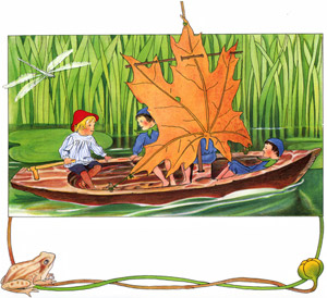 挿絵8(木の皮のヨットに乗るプッテと子供たち） [エルサ・ベスコフ, ブルーベリーもりでのプッテのぼうけんより]のサムネイル画像
