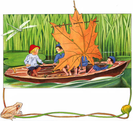 挿絵8(木の皮のヨットに乗るプッテと子供たち） [エルサ・ベスコフ, ブルーベリーもりでのプッテのぼうけんより] パブリックドメイン画像 