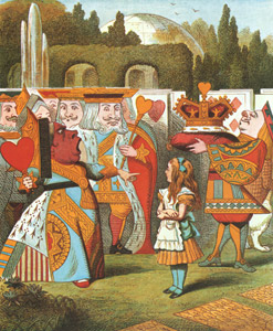 挿絵16(短気で高慢なハートの女王に詰問されるアリス） [ジョン・テニエル, おとぎのアリスより]のサムネイル画像
