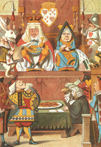 挿絵1(王が裁判官を務めるトランプ達の宮廷裁判） [ジョン・テニエル, おとぎのアリスより] パブリックドメイン画像 