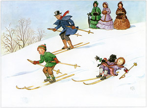 挿絵16(あおのおじさんと一緒にスキーをするペッテルとロッタ） [エルサ・ベスコフ, ペッテルとロッタのクリスマスより]のサムネイル画像