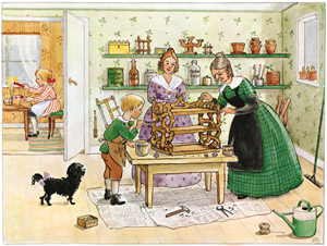 挿絵13(本棚を作ってニスを塗るみどりのおばさんとペッテル） [エルサ・ベスコフ, ペッテルとロッタのクリスマスより]のサムネイル画像