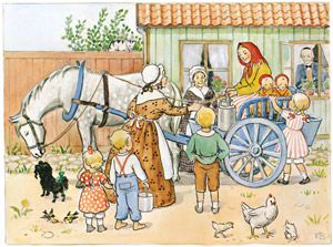 挿絵7(馬車でミルクを届けてくれる農家の奥さん） [エルサ・ベスコフ, ペッテルとロッタのクリスマスより]のサムネイル画像