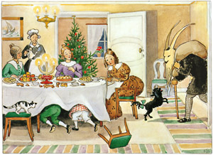 挿絵4(プレゼントを届けるやぎおじさんと怖がって隠れるペッテルとロッタ） [エルサ・ベスコフ, ペッテルとロッタのクリスマスより]のサムネイル画像