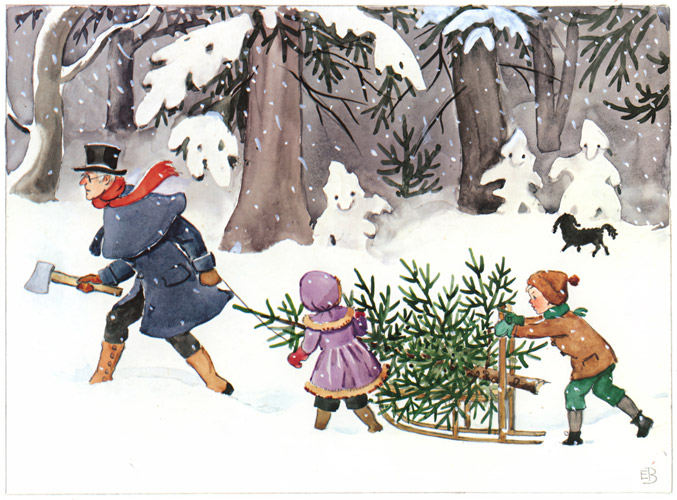 挿絵2(切ったモミの木を運ぶあおおじさんとペッテルとロッタ） [エルサ・ベスコフ, ペッテルとロッタのクリスマスより] パブリックドメイン画像 