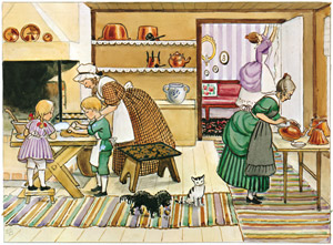挿絵1(ちゃいろおばさんとクリスマスクッキーを焼くペッテルとロッタと大掃除中のみどりおばさんとむらさきおばさん） [エルサ・ベスコフ, ペッテルとロッタのクリスマスより]のサムネイル画像