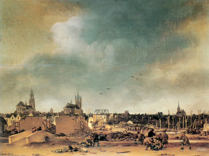1654年10月12日の火薬庫爆発後のデルフト [エフベルト・ファン・デル＝プール, 1654年, ブリューゲルとネーデルラント風景画より] パブリックドメイン画像 