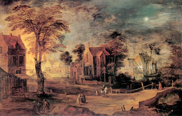 満月の夜の村 [ヨース・デ・モンペル, 1620年代前半, ブリューゲルとネーデルラント風景画より] パブリックドメイン画像 