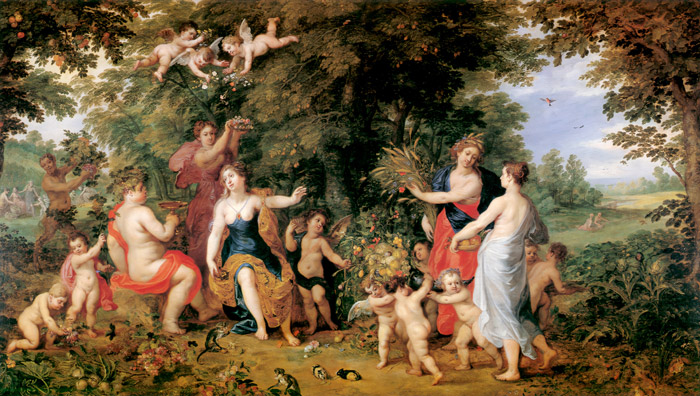 ヴィーナスとバッカスとケレスのいる風景 [ヘンドリック・ファン・バーレン、ヤン・ブリューゲル (父), 1618年頃, ブリューゲルとネーデルラント風景画より] パブリックドメイン画像 