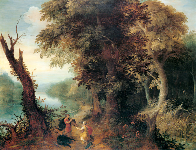 メレアグロスとアタランテのいる風景 [アブラハム・ゴヴァーツ、フランス・フランケン（子）, 1620-1626年頃, ブリューゲルとネーデルラント風景画より] パブリックドメイン画像 
