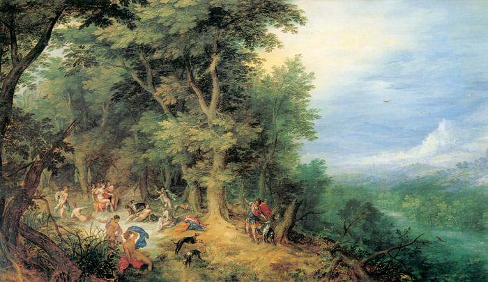 アルテミスとアクタイオンのいる風景 [ヤン・ブリューゲル (父)、ヘンドリック・デ・クラーク, 1606-1609年頃, ブリューゲルとネーデルラント風景画より] パブリックドメイン画像 