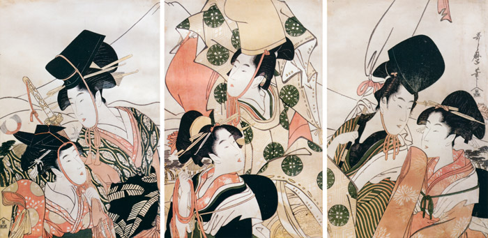 Representation (mitate) of Narihira (?) Travelling to the Eastern Provinces, from the “Tales of Ise” [Kitagawa Utamaro, 1797-1798, from Ukiyo-E Masterpieces in European Collections: The British Museum II]