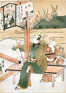 三囲稲荷神社の役者奉納絵馬を見る男 [一筆斎文調, 1769-1770年頃, 秘蔵浮世絵大観 第2巻 大英博物館2より]のサムネイル画像