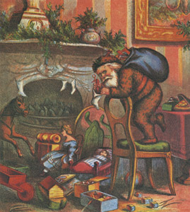 無題(暖炉前の靴下にプレゼントを詰めるサンタクロース） [トーマス・ナスト, Thomas Nast’s Christmas Drawingsより]のサムネイル画像