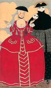 ジュルナール・デ・ダーム・エ・デ・モード ロンギの仮装舞踏会衣装。白い飾り紐のついた夫人のドレスと、黒のタフタレースのバウッタ [ジョルジュ・バルビエ, 1913年, ジョルジュ・バルビエ 優美と幻想のイラストレーターより]のサムネイル画像