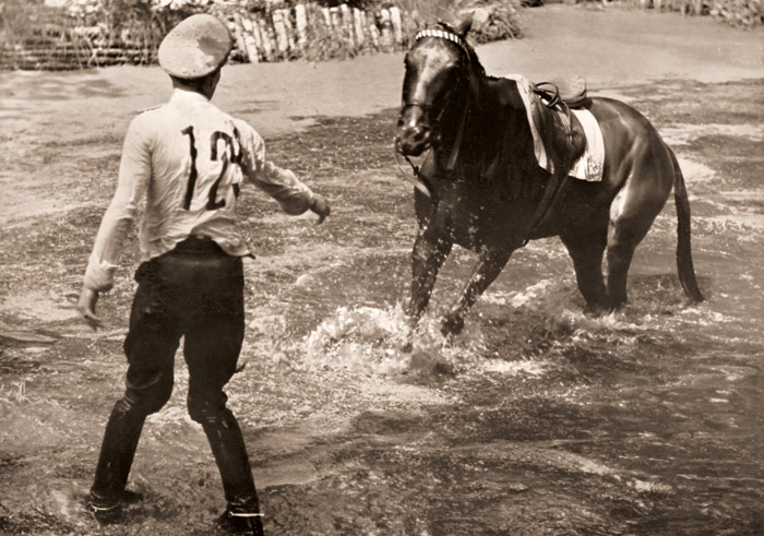落馬の後、野外騎乗 [パウル・ヴォルフ, 1936年, ライカによる第十一回伯林オリムピック写真集より] パブリックドメイン画像 
