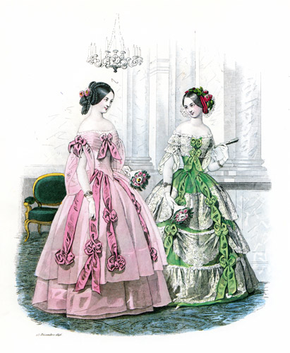 1846年12月 プチ・クリエ・デ・ダーム誌 サテン・リボンやレースで装飾した夜会服 [ファッション・プレート全集3 19世紀中期より] パブリックドメイン画像 