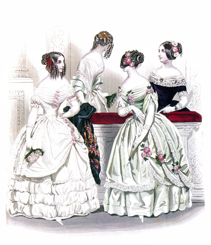1844年12月 ラ･モード誌 花で飾った髪型 夜会服 [ファッション・プレート全集3 19世紀中期より] パブリックドメイン画像 