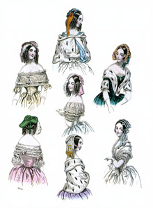 1843年2月 ラ･モード誌 極楽鳥の羽や花で飾った髪型 種々の肩覆い [ニュマ, ファッション・プレート全集3 19世紀中期より]のサムネイル画像