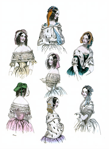 1843年2月 ラ･モード誌 極楽鳥の羽や花で飾った髪型 種々の肩覆い [ニュマ, ファッション・プレート全集3 19世紀中期より] パブリックドメイン画像 