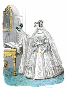 1836年3月 ラ･モード誌 結婚式の髪型 レースのドレスを重ねたサテンのドレス [ルイス・マリー・ランテ, ファッション・プレート全集3 19世紀中期より]のサムネイル画像