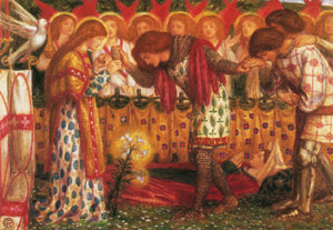 ガラハッド卿とボールス卿とパーシヴァル卿がいかに聖杯を手に入れ、パーシヴァル卿の姉妹が途上で亡くなったか [ダンテ・ゲイブリエル・ロセッティ, 1864年, Dante Gabriel Rossettiより]のサムネイル画像