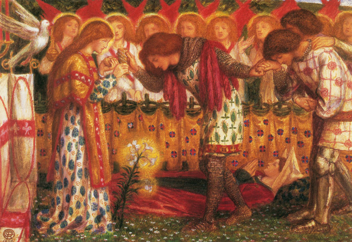 ガラハッド卿とボールス卿とパーシヴァル卿がいかに聖杯を手に入れ、パーシヴァル卿の姉妹が途上で亡くなったか [ダンテ・ゲイブリエル・ロセッティ, 1864年, Dante Gabriel Rossettiより] パブリックドメイン画像 