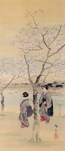 Two Women under Flowering Cherry Tree by Sumida River [Hiroshige II, 1859-1865, from Ukiyo-e Masterpieces in European Collections: The British Museum I] Thumbnail Images