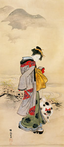 水辺に犬を連れる美人図 [礒田湖龍斎, 1764-1789年, 秘蔵浮世絵大観 第1巻 大英博物館Iより]のサムネイル画像