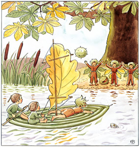 挿絵11 （筏に乗ったどんぐりぼうやたちと実を投げるマロニエの子供たち） [エルサ・ベスコフ, どんぐりぼうやのぼうけんより]のサムネイル画像