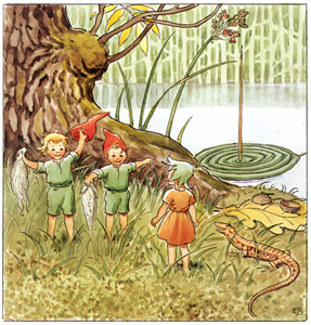 Plate 10 (Acorn Spirit’s Children, Hazelnut Spirit’s Child and a Lizard) [Elsa Beskow,  from Woody, Hazel & Little Pip] Thumbnail Images