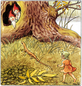 Plate 9 (Acorn Spirit’s Children Disguised as Dwarfs) [Elsa Beskow,  from Woody, Hazel & Little Pip] Thumbnail Images