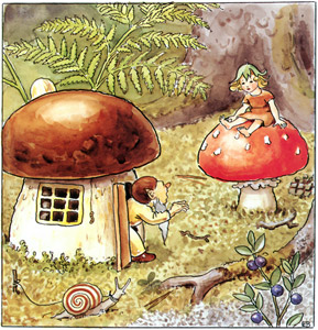 Plate 7 (Dwarf from the Mushroom House and Hazel Spirit’s Child) [Elsa Beskow,  from Woody, Hazel & Little Pip] Thumbnail Images