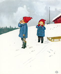 ウッレのスキーのたび 挿絵14 (雪どけおばさんに雪を溶かさないようにお願いするウッレと弟） [エルサ・ベスコフ, ウッレのスキーのたびより]のサムネイル画像