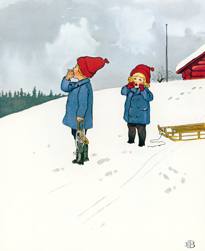 挿絵14 （雪どけおばさんに雪を溶かさないようにお願いするウッレと弟） [エルサ・ベスコフ, ウッレのスキーのたびより] パブリックドメイン画像 