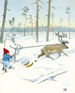 挿絵13 （トナカイを使ってウッレを送り返す霜じいさん） [エルサ・ベスコフ, ウッレのスキーのたびより]のサムネイル画像