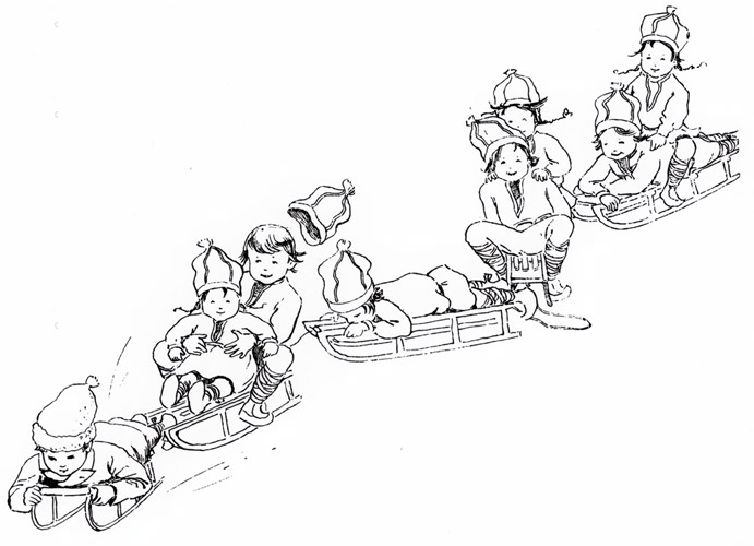挿絵12 （橇で遊ぶウッレと子供たち） [エルサ・ベスコフ, ウッレのスキーのたびより] パブリックドメイン画像 