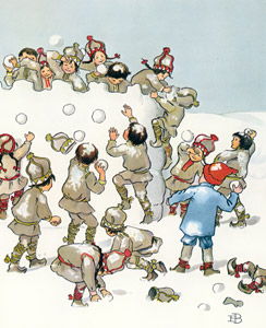 ウッレのスキーのたび 挿絵11 (雪合戦して遊ぶウッレと子供たち） [エルサ・ベスコフ, ウッレのスキーのたびより]のサムネイル画像