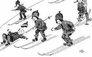 ウッレのスキーのたび 挿絵10 (でこぼこのある丘でスキーをして遊ぶウッレと子供たち） [エルサ・ベスコフ, ウッレのスキーのたびより]のサムネイル画像
