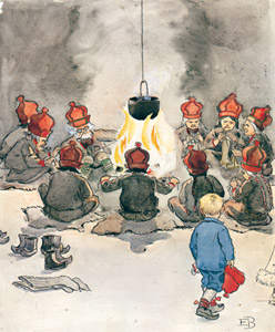 挿絵8 （火の回りで仕事をしているおじさんやおばさんたち） [エルサ・ベスコフ, ウッレのスキーのたびより]のサムネイル画像