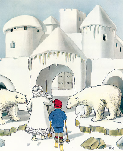挿絵6 （冬王の城の前にやって来る霜じいさんとウッレ） [エルサ・ベスコフ, ウッレのスキーのたびより] パブリックドメイン画像 