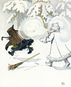 ウッレのスキーのたび 挿絵5 (雪解けおばさんを追い返す霜じいさん） [エルサ・ベスコフ, ウッレのスキーのたびより]のサムネイル画像