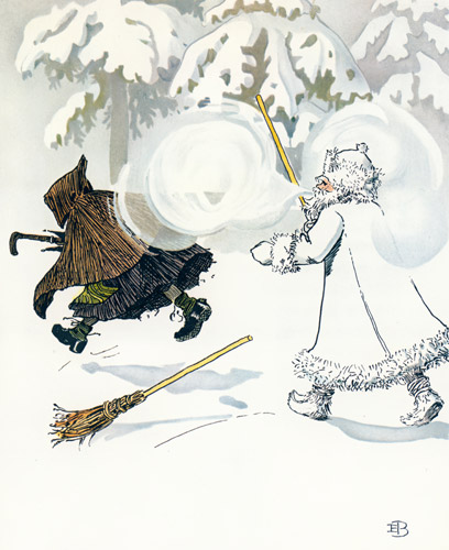 挿絵5 （雪解けおばさんを追い返す霜じいさん） [エルサ・ベスコフ, ウッレのスキーのたびより] パブリックドメイン画像 