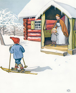ウッレのスキーのたび 挿絵2 (新しいスキー板を履いて出かけるウッレ） [エルサ・ベスコフ, ウッレのスキーのたびより]のサムネイル画像