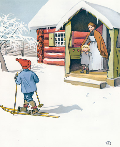 挿絵2 （新しいスキー板を履いて出かけるウッレ） [エルサ・ベスコフ, ウッレのスキーのたびより] パブリックドメイン画像 